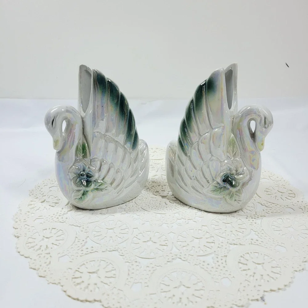 Vintage Lusterware Swan Iridescent Ceramic Figurine Pair Wedding Cake Topper